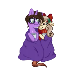 Size: 605x588 | Tagged: artist needed, source needed, safe, derpibooru import, oc, oc:peach blossom, oc:rapid pixel, unofficial characters only, lamia, original species, pony, unicorn, blanket, bow, chocolate, cuddling, duo, duo male and female, female, food, glasses, hair bow, hot chocolate, image, male, marshmallow, png, simple background, smiling, snuggling, tail, tail sticking out, transparent background