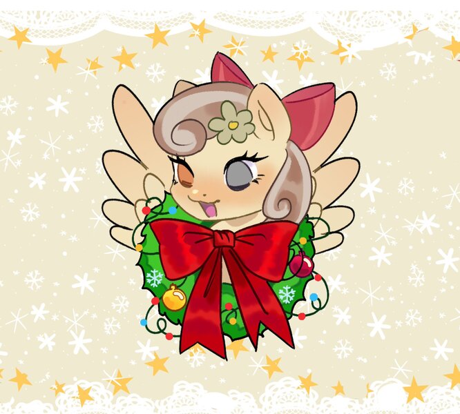 Size: 2048x1845 | Tagged: safe, artist:fluttr3, derpibooru import, oc, oc:peach blossom, pegasus, pony, bow, christmas, female, flower, flower in hair, glass eye, hair bow, heterochromia, holiday, image, jpeg, mare, ornament, solo, spread wings, wings, wreath