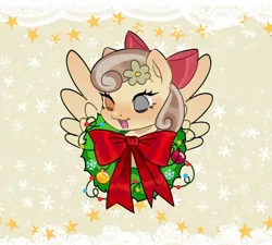 Size: 2048x1845 | Tagged: safe, artist:fluttr3, derpibooru import, oc, oc:peach blossom, pegasus, pony, bow, christmas, female, flower, flower in hair, glass eye, hair bow, heterochromia, holiday, image, jpeg, mare, ornament, solo, spread wings, wings, wreath