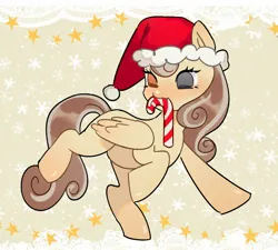 Size: 2048x1845 | Tagged: safe, artist:fluttr3, derpibooru import, oc, oc:peach blossom, pegasus, pony, bow, candy, candy cane, christmas, female, flower, flower in hair, folded wings, food, glass eye, hair bow, hat, heterochromia, holiday, image, jpeg, mare, santa hat, solo, wings, wreath