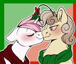 Size: 2048x1725 | Tagged: safe, artist:diethtwoo, derpibooru import, oc, oc:peach blossom, oc:sweet irony, pony, unicorn, blushing, christmas, clothes, cute, duo, eyes closed, female, holiday, image, jpeg, kiss on the lips, kissing, lidded eyes, mare, mistleholly, scarf, simple background, smiling