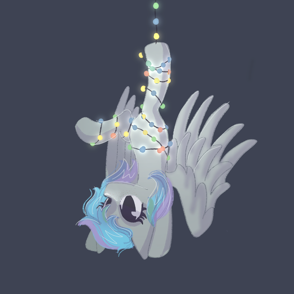 Size: 2048x2048 | Tagged: safe, artist:selkie, derpibooru import, oc, oc:virtuous hope, unofficial characters only, pegasus, pony, belly, christmas, christmas lights, commission, featureless crotch, female, hanging, hanging upside down, holiday, image, mare, partially open wings, pegasus oc, png, round belly, solo, solo female, tangled up, upside down, wings, ych result