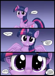 Size: 1280x1761 | Tagged: safe, artist:lennondash, derpibooru import, part of a set, twilight sparkle, alicorn, pony, breaking the fourth wall, close-up, comic, extreme close up, female, g4, gradient background, image, jpeg, looking at you, mare, open mouth, part of a series, purple background, simple background, solo, speech bubble, staring at you
