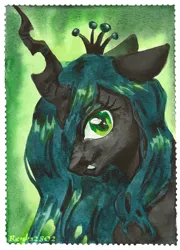 Size: 941x1307 | Tagged: safe, artist:tigra0118, derpibooru import, queen chrysalis, changeling, changeling queen, pony, bust, female, image, looking at you, png, portrait, solo, traditional art, watercolor painting