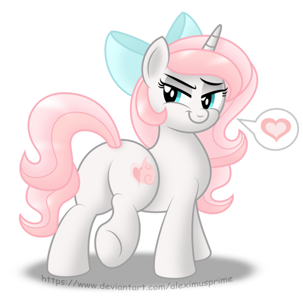 Size: 1600x1580 | Tagged: safe, artist:aleximusprime, derpibooru import, oc, oc:sweetheart, unofficial characters only, pony, unicorn, bedroom eyes, bow, butt, commission, female, flirting, hair bow, heart, horn, image, looking back, mare, plot, png, simple background, smiling, solo, speech bubble, transparent background, unicorn oc