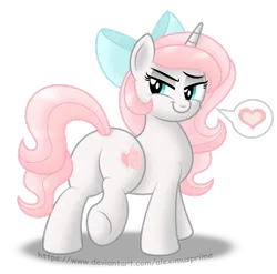Size: 1600x1580 | Tagged: safe, artist:aleximusprime, derpibooru import, oc, oc:sweetheart, unofficial characters only, pony, unicorn, bedroom eyes, bow, butt, commission, female, flirting, hair bow, heart, horn, image, looking back, mare, plot, png, simple background, smiling, solo, speech bubble, transparent background, unicorn oc