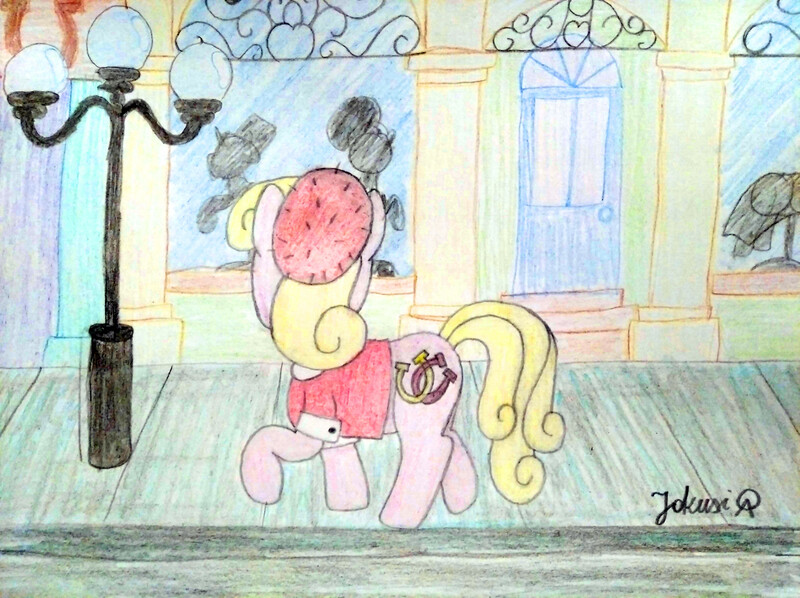 Size: 4032x3016 | Tagged: safe, artist:jakusi, ponerpics import, luckette, earth pony, pony, background pony, beret, clothes, door, female, hat, image, jpeg, lamppost, manehattan, mannequin, mare, shop, shop window, sidewalk, signature, solo, street, traditional art, turned head, walking, window