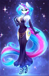 Size: 2015x3142 | Tagged: suggestive, artist:koveliana, derpibooru import, oc, oc:fluorescent luminosity, unofficial characters only, anthro, unicorn, absolute cleavage, big breasts, breasts, busty oc, chromatic aberration, cleavage, clothes, commission, dress, evening gloves, female, gloves, hand on breasts, high heels, high res, image, long gloves, looking at you, png, shoes, solo, solo female, starry background