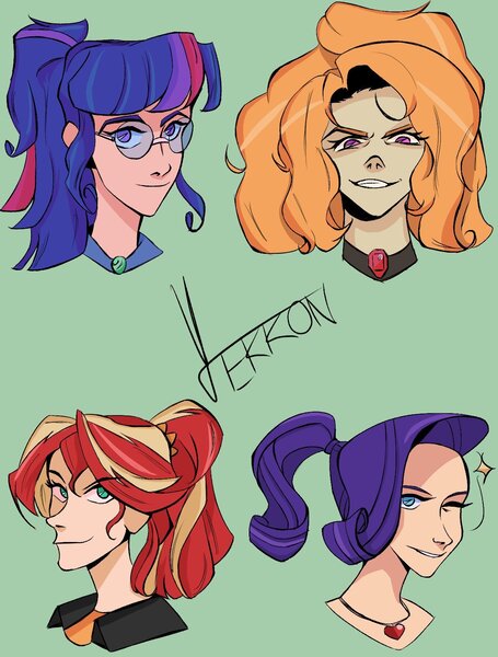 Size: 1212x1600 | Tagged: safe, artist:vtekkon, derpibooru import, adagio dazzle, rarity, sci-twi, sunset shimmer, twilight sparkle, human, equestria girls, bust, glasses, image, jewelry, jpeg, looking at you, necklace, one eye closed, smiling, smirk, wink
