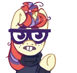 Size: 1350x1280 | Tagged: safe, artist:roofoos_rebirth, derpibooru import, moondancer, pony, unicorn, bucktooth, clothes, commission, female, freckles, glasses, image, mare, meme, nerd, nerd emoji, png, ponified meme, raised hoof, simple background, solo, sweater, transparent background, ych result