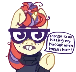 Size: 1350x1280 | Tagged: safe, alternate version, artist:roofoos_rebirth, derpibooru import, moondancer, pony, unicorn, bucktooth, clothes, commission, female, freckles, glasses, image, mare, meme, nerd, nerd emoji, png, ponified meme, raised hoof, simple background, solo, sweater, text, transparent background, ych result