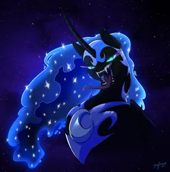Size: 1912x1927 | Tagged: safe, artist:slimytongues, derpibooru import, nightmare moon, alicorn, pony, drool, fangs, female, g4, glow, glowing eyes, glowing mane, glowing throat, image, jewelry, long tongue, looking at you, mare, mawshot, open mouth, png, regalia, sharp teeth, signature, slit pupils, solo, solo female, teeth, tongue out, uvula