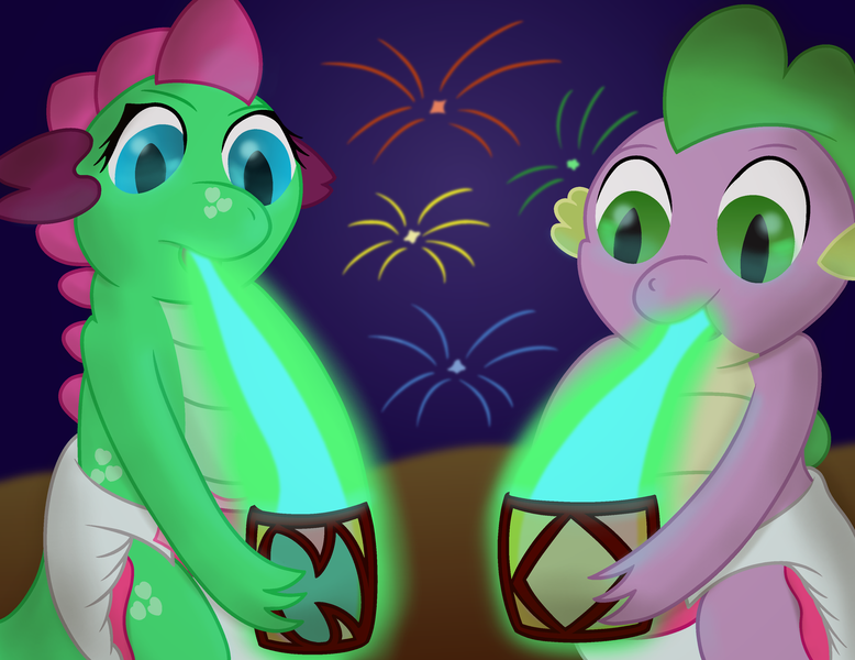 Size: 3200x2469 | Tagged: safe, artist:sweetielover, derpibooru import, spike, oc, oc:goldigony, dragon, candle, diaper, diaper fetish, dragoness, dragonfire, duo, female, fetish, fire, fire breath, fireworks, image, lantern, male, night, png