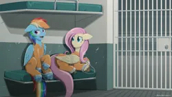 Size: 1920x1080 | Tagged: safe, artist:willoillo, derpibooru import, fluttershy, rainbow dash, pegasus, bound wings, chains, clothes, commission, cuffed, image, never doubt rainbowdash69's involvement, png, prison, prison outfit, prisoner ft, prisoner rd, shackles, wings