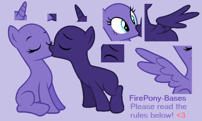 Size: 844x506 | Tagged: safe, artist:firepony-bases, derpibooru import, oc, unofficial characters only, earth pony, pony, bald, base, duo, eyebrows, eyes closed, eyes open, female, horn, image, kiss on the lips, kissing, mare, oc x oc, partially open wings, png, purple background, shipping, simple background, sitting, spread wings, text, wings