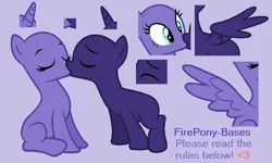 Size: 844x506 | Tagged: safe, artist:firepony-bases, derpibooru import, oc, unofficial characters only, earth pony, pony, bald, base, duo, eyebrows, eyes closed, eyes open, female, horn, image, kiss on the lips, kissing, mare, oc x oc, partially open wings, png, purple background, shipping, simple background, sitting, spread wings, text, wings