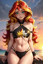 Size: 1024x1536 | Tagged: suggestive, ai content, derpibooru import, machine learning generated, sunset shimmer, human, beach, beautiful, bikini, breasts, busty sunset shimmer, clothes, female, g4, generator:yodayo, humanized, image, jpeg, long hair, midriff, ocean, prompter:sammykun, reasonably sized breasts, sky, solo, stupid sexy sunset shimmer, sunset, swimsuit, water, wide hips