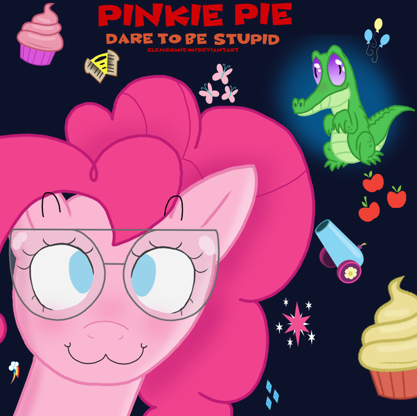 Size: 1000x997 | Tagged: safe, artist:clemchane, derpibooru import, gummy, pinkie pie, alligator, earth pony, pony, album cover, album parody, cupcake, cutie mark, female, food, goggles, image, party cannon, png, safety goggles, science, solo, weird al yankovic