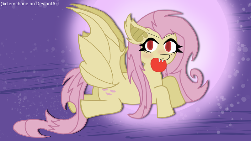 Size: 1920x1080 | Tagged: safe, artist:clemchane, derpibooru import, fluttershy, bat pony, bats!, season 4, anatomically incorrect, apple, bat ponified, flutterbat, flying, food, g4, image, incorrect leg anatomy, moon, night, png, race swap, solo, stars