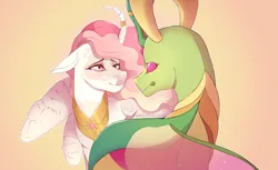 Size: 4000x2448 | Tagged: safe, artist:primrosepaper, derpibooru import, princess celestia, thorax, alicorn, changedling, changeling, pony, alternate design, duo, duo male and female, female, floppy ears, image, king thorax, looking at each other, looking at someone, male, mare, pink-mane celestia, png, shipping, straight, thoralestia