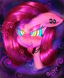 Size: 976x1180 | Tagged: suggestive, artist:qlop, derpibooru import, pinkie pie, earth pony, pony, abstract background, aroused, bedroom eyes, blushing, bust, dazed, drool, entranced, female, g4, glow, glowing eyes, happy, hypno eyes, hypnosis, hypnotized, image, jewelry, kaa eyes, mind control, necklace, open mouth, pinkamena diane pie, png, smiling, solo, solo female, space background, spiral, tongue out