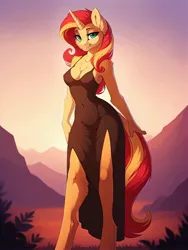 Size: 2304x3072 | Tagged: suggestive, ai content, derpibooru import, machine learning generated, stable diffusion, sunset shimmer, anthro, unguligrade anthro, unicorn, bedroom eyes, belly button, breasts, busty sunset shimmer, cleavage, clothes, dress, ear fluff, female, full body, g4, generator:easyfluff v11.2, horn, image, jpeg, long legs, looking at you, outdoors, prompter:frostru, reasonably sized breasts, see-through, sexy, side slit, smiling, smiling at you, solo, solo female, stupid sexy sunset shimmer, tall, tight clothing