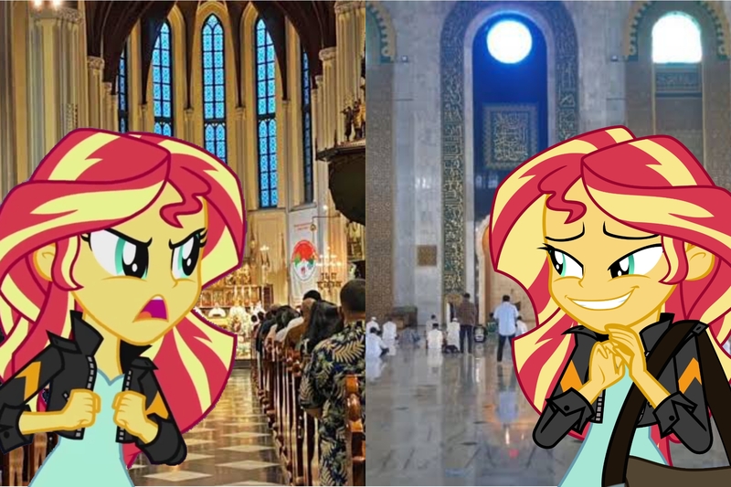 Size: 2000x1333 | Tagged: safe, derpibooru import, sunset shimmer, equestria girls, mirror magic, my past is not today, spoiler:eqg specials, angry, christianity, church, equestria girls in real life, g4, grin, image, irl, islam, jpeg, mosque, nervous, nervous grin, photo, religion, smiling