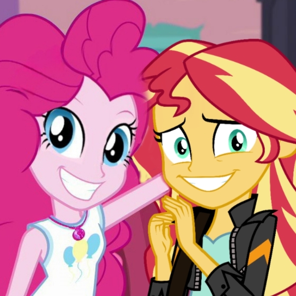 Size: 720x720 | Tagged: safe, derpibooru import, pinkie pie, sunset shimmer, human, equestria girls, equestria girls series, mirror magic, pinkie sitting, spoiler:eqg specials, clothes, grin, image, jacket, jpeg, leather, leather jacket, looking at you, smiling