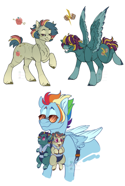 Size: 1280x1894 | Tagged: safe, artist:brushielovesu, derpibooru import, rainbow dash, oc, oc:barrel roll, oc:hawkeye apple, earth pony, pegasus, pony, alternate hairstyle, baby, baby carrier, baby pony, brothers, colt, female, foal, g4, grin, hair over eyes, image, magical lesbian spawn, male, mare, mother and child, mother and son, offspring, parent:applejack, parent:rainbow dash, parents:appledash, png, siblings, simple background, smiling, spread wings, stallion, sunglasses, white background, wings