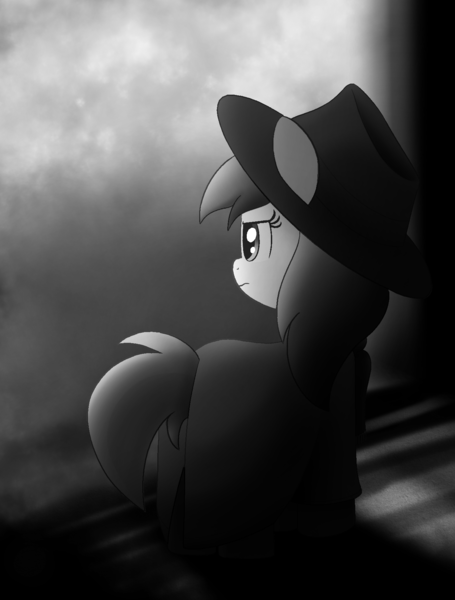Size: 1359x1794 | Tagged: safe, artist:algoatall, ponerpics import, noi, earth pony, pony, clothes, female, filly, grayscale, hat, image, monochrome, noi is not amused, noir, png, solo