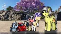 Size: 828x465 | Tagged: safe, artist:foxfer64_yt, derpibooru import, oc, oc:foxfer, oc:silverstream (robot pony), oc:thunder (fl), oc:trackhead, oc:twostep, unofficial characters only, earth pony, original species, pegasus, pony, robot, robot pony, wheelpone, asking, car, confused, day, daytime, fear, festival, group, hawaii, image, jpeg, photo, shocked, shocked expression, shocked eyes, tree