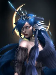 Size: 1920x2561 | Tagged: safe, artist:tuna19, derpibooru import, princess luna, human, clothes, crescent moon, crying, dress, female, horn, horned humanization, humanized, image, jewelry, jpeg, moon, necklace, regalia, solo, winged humanization, wings