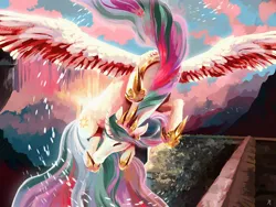 Size: 1280x960 | Tagged: safe, artist:metanagon, derpibooru import, princess celestia, alicorn, pony, curved horn, female, flying, hoof shoes, horn, image, jewelry, jpeg, mare, peytral, regalia, scenery, solo, spread wings, wings