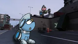 Size: 828x465 | Tagged: safe, artist:foxfer64_yt, derpibooru import, oc, oc:silverstream (robot pony), oc:trackhead, unofficial characters only, original species, pony, robot, robot pony, amazed, city, concerned, duo, image, jpeg, jumping, looking up, photo, tracks, wheepone