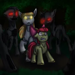 Size: 1695x1695 | Tagged: safe, artist:erinh18, derpibooru import, apple bloom, oc, oc:ruby (story of the blanks), earth pony, pony, undead, zombie, story of the blanks, female, filly, foal, forest, glow, glowing eyes, image, nature, png, tree