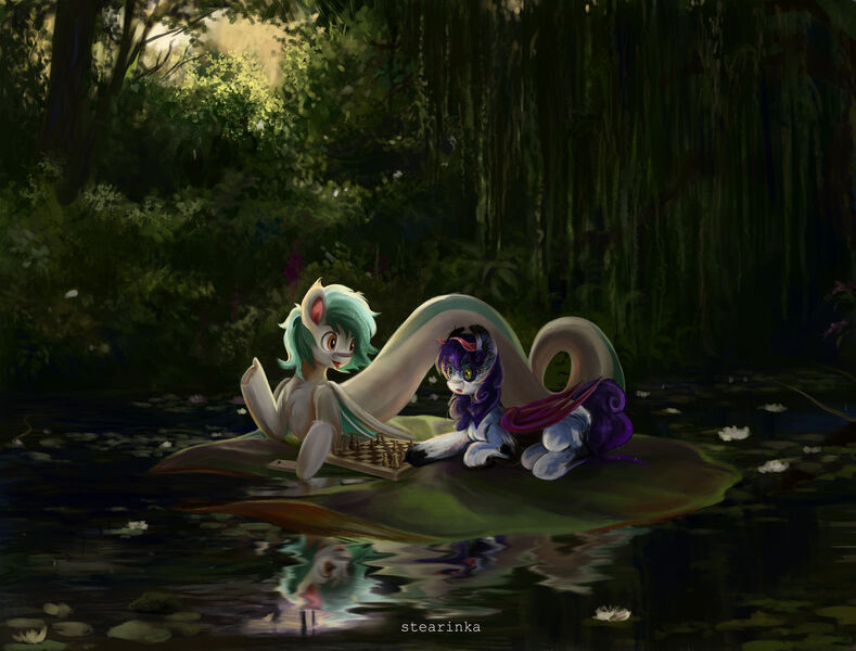 Size: 1280x974 | Tagged: safe, artist:stearinka, derpibooru import, oc, unofficial characters only, original species, pony, snake, snake pony, bat wings, chess, chessboard, chest fluff, commission, detailed background, female, flower, forest, forked tongue, horns, image, jpeg, lake, lilypad, male, mare, nature, stallion, tree, water, wings