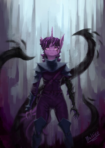 Size: 1920x2708 | Tagged: safe, artist:bultico, derpibooru import, twilight sparkle, anthro, unicorn, armor, claws, corrupted, eye scar, facial scar, female, image, jpeg, scar, solo, tentacles