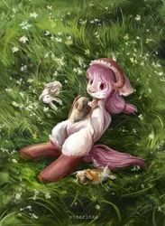 Size: 1280x1750 | Tagged: safe, artist:stearinka, derpibooru import, oc, unofficial characters only, goat, goat pony, hybrid, pony, rabbit, animal, bonnet, clothes, female, field, goat horns, horns, image, jpeg, lying down, mare, socks, solo