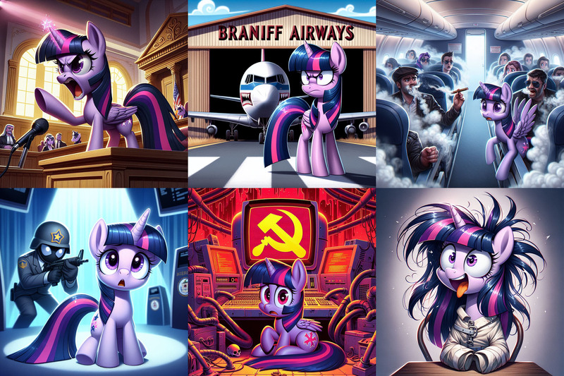 Size: 3072x2048 | Tagged: safe, ai content, derpibooru import, machine learning generated, twilight sparkle, twilight sparkle (alicorn), alicorn, human, pony, airport, angry, bondage, communism, computer, conspiracy, courtroom, francis e. dec, generator:bing image creator, gun, hallucination, helmet, image, insanity, jpeg, messy mane, nose art, paranoid twilight, pipe, plane, scared, schizophrenia, scowl, sequence, smoke, smoking, straitjacket, tongue out, twilight snapple, twilighting, weapon, wires, wrong cutie mark, yelling