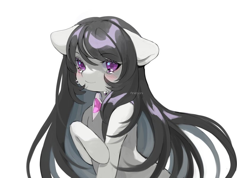 Size: 2000x1500 | Tagged: safe, artist:aniimoni, derpibooru import, octavia melody, earth pony, pony, black hair, blushing, bowtie, crying, cute, female, g4, gray coat, halfbody, image, jpeg, long hair, mare, simple background, smiling, solo, white background