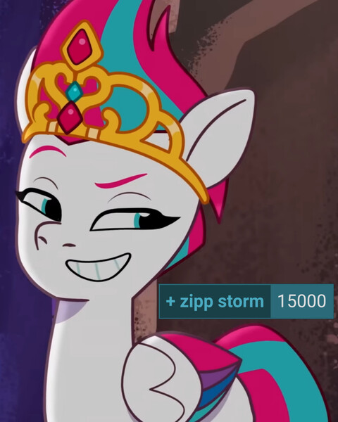 Size: 3277x4096 | Tagged: safe, derpibooru import, edit, edited screencap, screencap, zipp storm, pegasus, pony, derpibooru, g5, my little pony: tell your tale, spoiler:g5, spoiler:my little pony: tell your tale, spoiler:tyts01e62, cropped, crown, eyebrows, female, grin, image, jewelry, jpeg, lavarynth, mare, meta, raised eyebrow, regalia, smiling, solo, tags