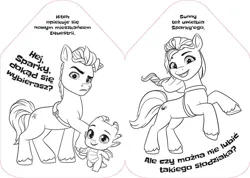 Size: 1200x853 | Tagged: safe, derpibooru import, official, hitch trailblazer, sparky sparkeroni, sunny starscout, dragon, earth pony, g5, 2d, coloring book, coloring page, cute, hitchbetes, image, jpeg, poland, polish, sparkybetes, sunnybetes, translated in the description