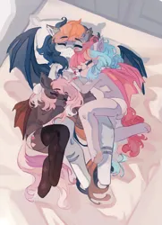 Size: 2967x4096 | Tagged: safe, artist:saxopi, derpibooru import, oc, unofficial characters only, bat pony, semi-anthro, arm hooves, bat pony oc, bat wings, bed, clothes, commission, eyes closed, image, jpeg, on bed, overhead view, panties, sleeping, trio, underwear, wings
