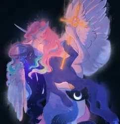 Size: 2170x2239 | Tagged: safe, artist:yozora122, derpibooru import, princess celestia, princess luna, alicorn, pony, belly, colored hooves, crying, duo, element of generosity, element of honesty, element of kindness, element of laughter, element of loyalty, element of magic, elements of harmony, female, fine art parody, gold hooves, high res, hoof hold, hooves, image, implied nightmare moon, jpeg, kiss on the cheek, kissing, leg hold, pink-mane celestia, royal sisters, sad, siblings, sisters, sword, unshorn fetlocks, weapon