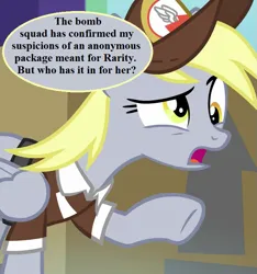 Size: 675x720 | Tagged: safe, derpibooru import, edit, edited screencap, editor:korora, screencap, derpy hooves, the point of no return, crate, cropped, hat, image, implied attempted murder, implied rarity, mailmare hat, mailmare uniform, png, speech, speech bubble, talking, this end up