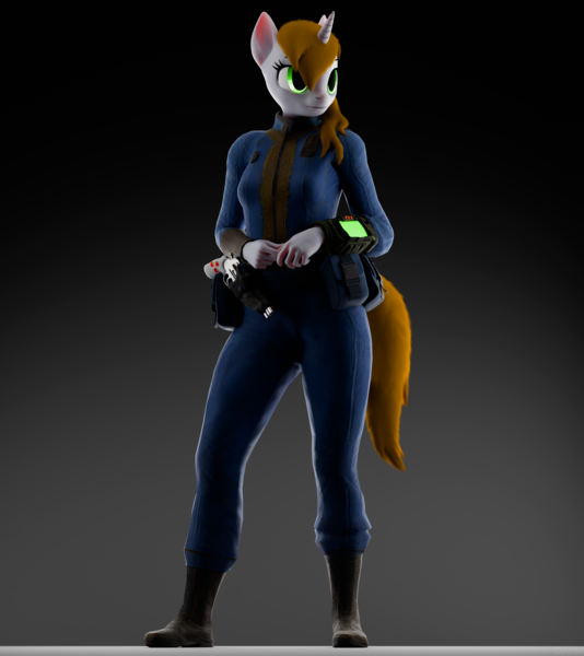 Size: 4450x5000 | Tagged: safe, artist:dark-fic, derpibooru import, oc, oc:littlepip, unofficial characters only, anthro, unicorn, fallout equestria, 3d, belt, blender, blender cycles, boots, clothes, female, gradient background, gun, handgun, holster, image, jumpsuit, little macintosh, pipboy, pipbuck, png, revolver, shoes, solo, utility belt, vault suit, weapon