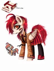 Size: 1920x2500 | Tagged: safe, artist:menalia, derpibooru import, ponified, pegasus, pony, robot, robot pony, ahoge, bandaid, clothes, famicom, female, image, looking at you, mare, messy mane, necktie, pixel art, png, reference, shoes, simple background, skirt, socks, stockings, suit, thigh highs, white background, wings