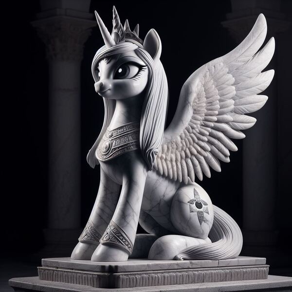 Size: 1024x1024 | Tagged: safe, ai content, derpibooru import, machine learning generated, princess luna, alicorn, pony, column, crown, dark background, female, g4, generator:dall-e 3, image, jewelry, jpeg, marble, mare, prompter:tyto4tme4l, regalia, sitting, solo, spread wings, statue, wings