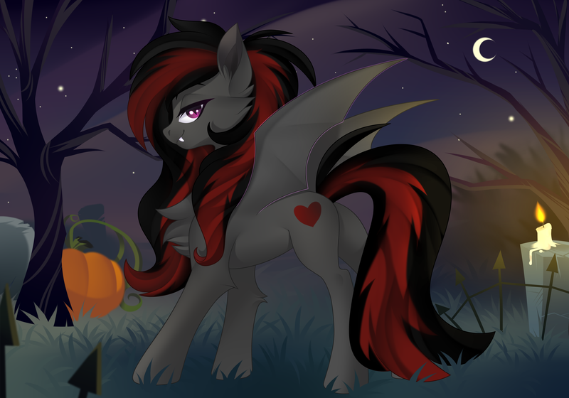 Size: 4000x2800 | Tagged: safe, artist:xvostik, derpibooru import, oc, oc:se solar eclipse, unofficial characters only, bat pony, pony, undead, vampire, butt, candle, chest fluff, crescent moon, cutie mark, dead tree, ear fluff, fangs, female, fluffy mane, fluffy tail, graveyard, gray coat, halloween, halloween 2023, heart, holiday, image, looking at you, moon, night, nightmare night, plot, png, pony oc, pose, pumpkin, purple eyes, red and black mane, smiling, smiling at you, smirk, solo, solo focus, spread wings, stars, sultry, sultry pose, tail, tree, wings