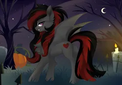 Size: 4000x2800 | Tagged: safe, artist:xvostik, derpibooru import, oc, oc:se solar eclipse, unofficial characters only, bat pony, pony, undead, vampire, butt, candle, chest fluff, crescent moon, cutie mark, dead tree, ear fluff, fangs, female, fluffy mane, fluffy tail, graveyard, gray coat, halloween, halloween 2023, heart, holiday, image, looking at you, moon, night, nightmare night, plot, png, pony oc, pose, pumpkin, purple eyes, red and black mane, smiling, smiling at you, smirk, solo, solo focus, spread wings, stars, sultry, sultry pose, tail, tree, wings